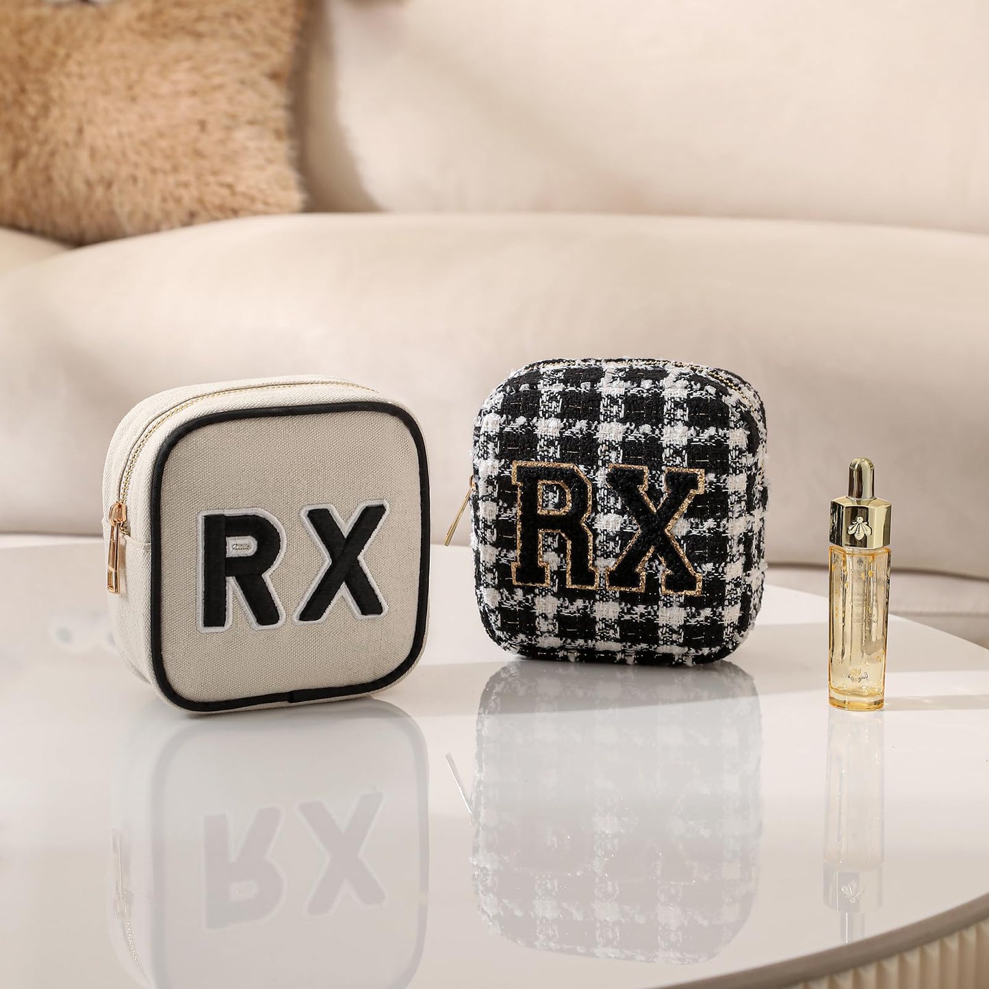 uekeboag Personalized Small Canvas Medicine Cosmetic Bag, Cute Plaid Pattern Chenille Letter Patch RX Drug Pouch with Zipper, Makeup Travel Gift Bag for Women and Girls (11Beige Canvas)