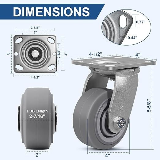 4"x2" Rubber Wheels (Flat Tread)- Heavy Duty Casters, Industrial Caster Wheels- Set of 4 with up to 2800 LB Capacity- Use for Dollies, Workbench(2 Swivel &2 Rigid)
