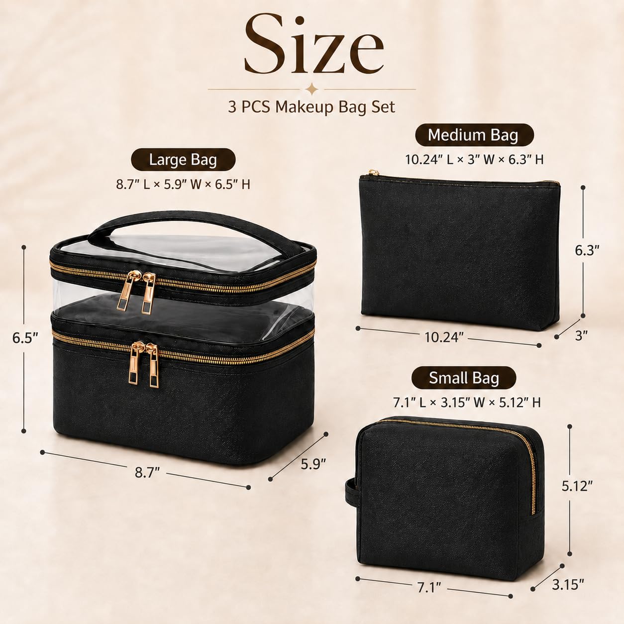 imerelez 3PCS PU Leather Makeup Bag, Large Travel Cosmetic Pouch, Cute Toiletry Organizer for Women, Black