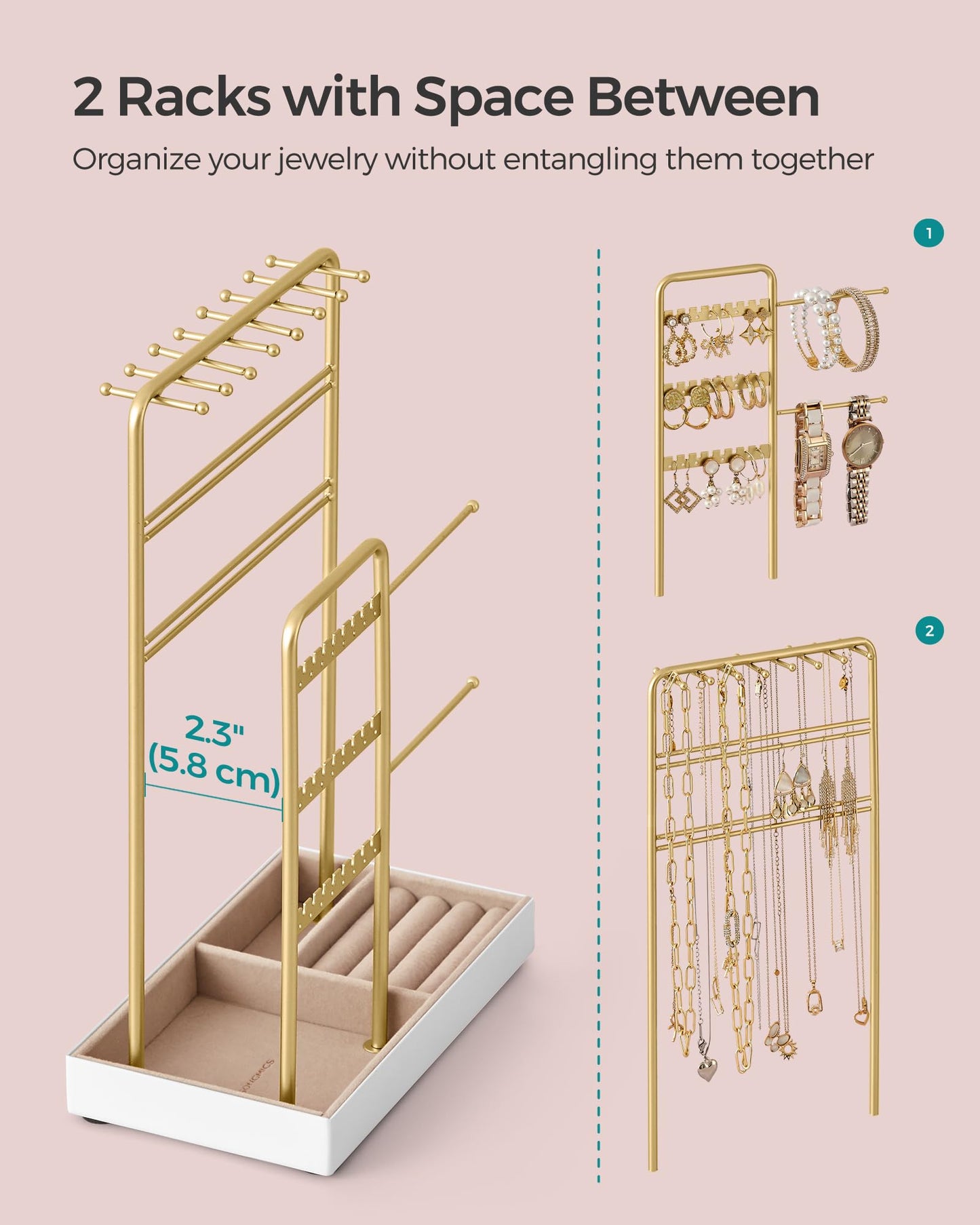 SONGMICS Set of 2 Jewelry Holders, Jewelry Organizers Display Stands with Metal Frame, Velvet Tray, Necklace Earring Bracelet Holders, for Studs, Rings, Gift Idea, Pale Gold UJJS021A01V1-2J