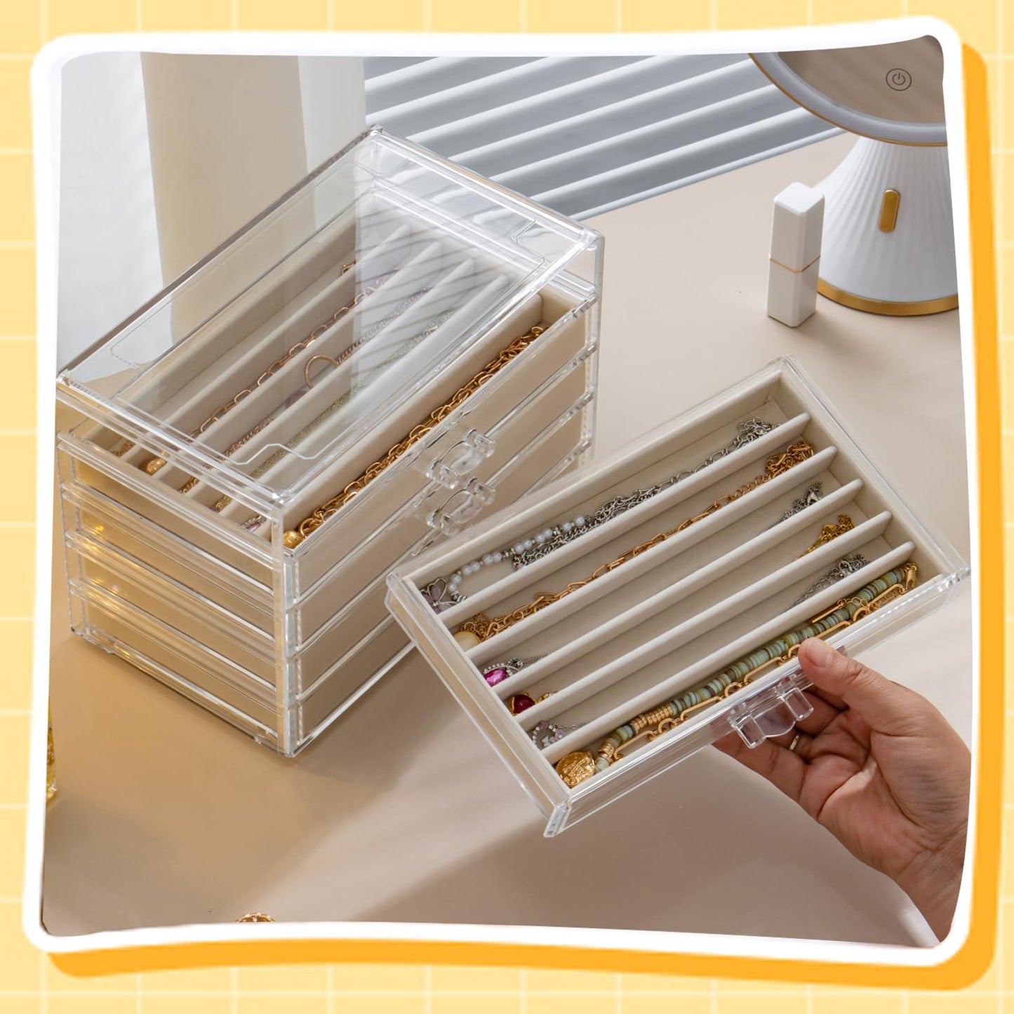 Necklace Organizer Box with 5 Drawers 30 Compartments, Dustproof Velvet Necklace Display Tray, Acrylic Necklaces Display Case, Pendant Chains Necklace Storage Tray Gift for Women and Girls (Beige)