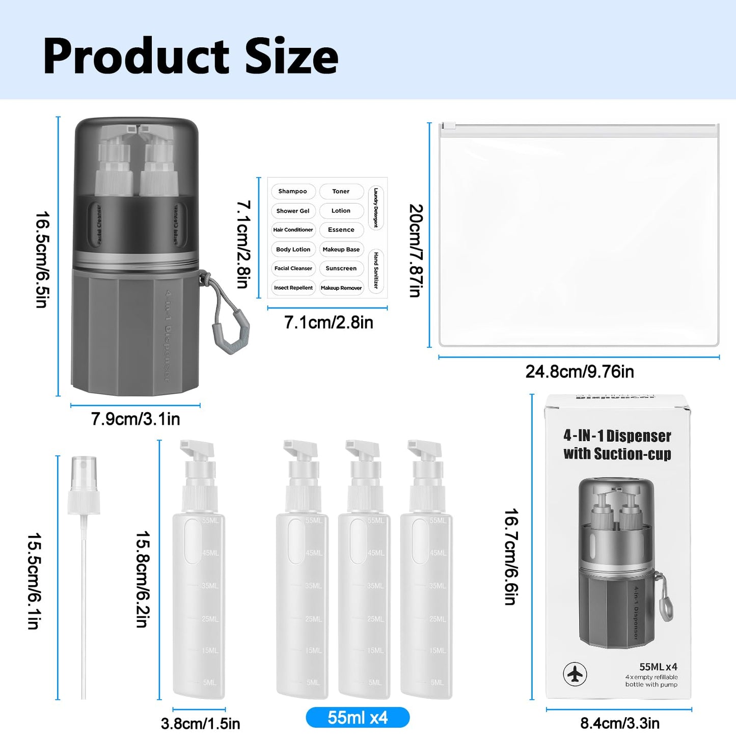 Kkluno 4 in 1 Travel Dispenser Bottles, TSA Approved Leak Proof Refillable Toiletry Containers with Vacuum Suction Cup for Smooth Walls, Portable Empty Bottle Set for Shampoo Conditioner Body Wash