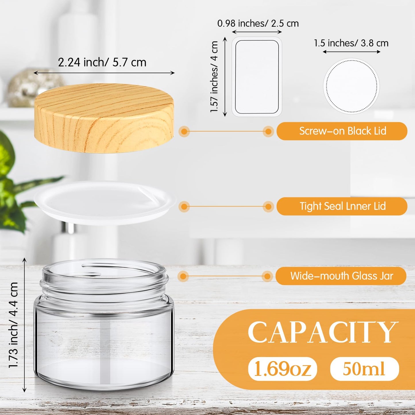 Layhit 48 Pcs 50 ml Cosmetic Glass Jars with Lids 1.69 oz Small Jars with Plastic Woodgrain Lids, White Labels and Inner Liners Empty Round Cosmetic Containers for Creams Lotions Powder