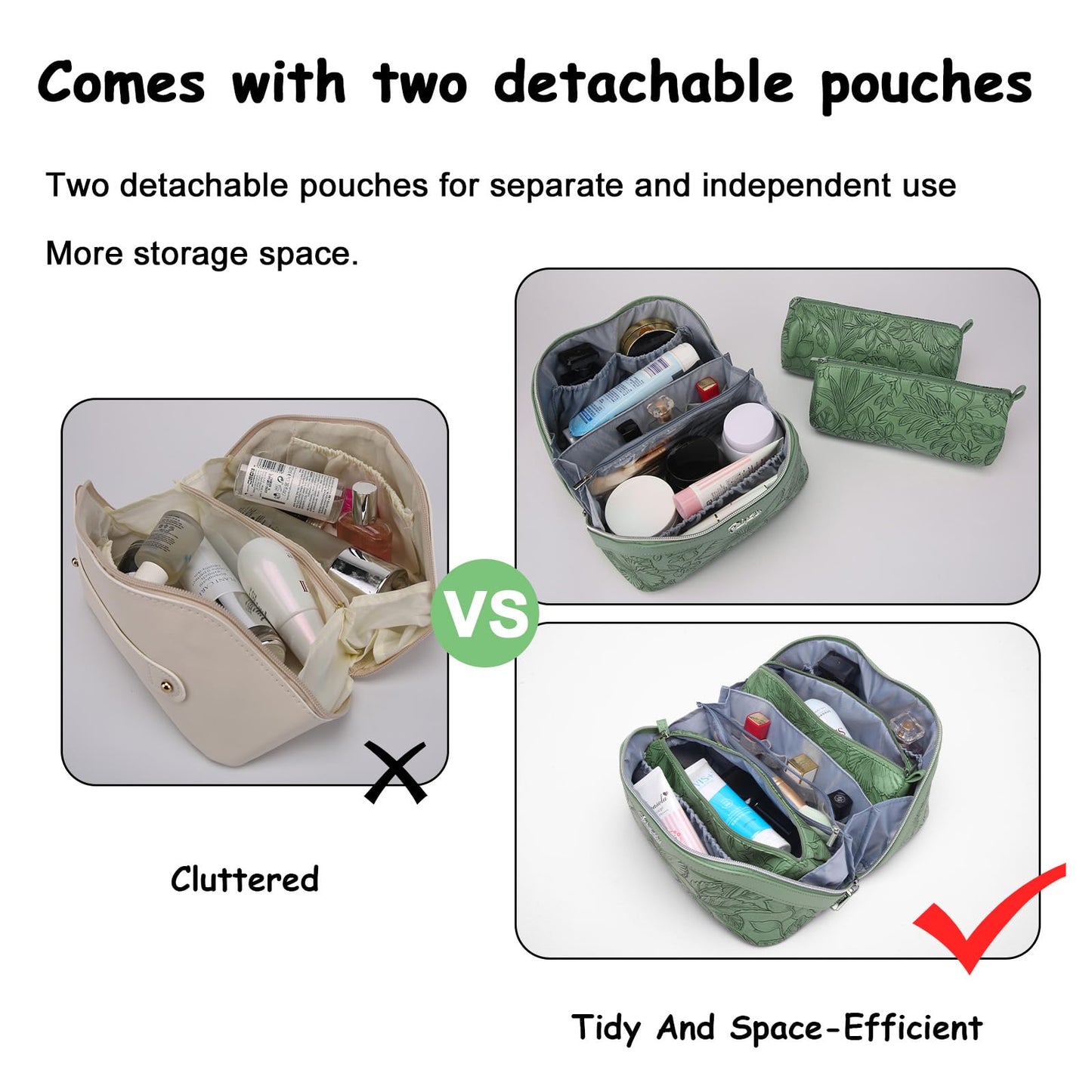 BOYATU Travel Makeup Bags Cosmetic Organizer Bag: 3-Set Large Capacity Make up Bag - PU Leather Toiletry Bags for Women - Wide Open Portable Pouch with Divider & Handle (03-Green-2)