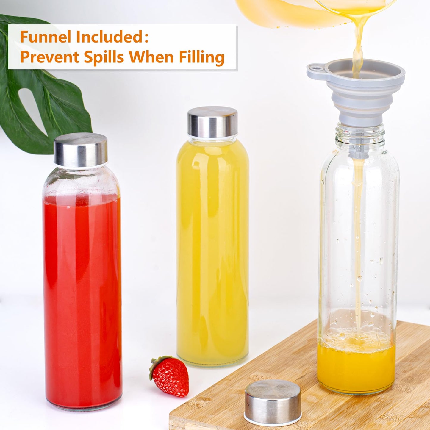 Zukro Glass Juice Bottles with Lids 18 oz, Leak Proof Reusable Clear Glass Bottle with Stainless Steel Airtight Cap for Juicing, Water, Smoothie, Homemade Beverage, Fridge Safe, BPA Free, Set of 6