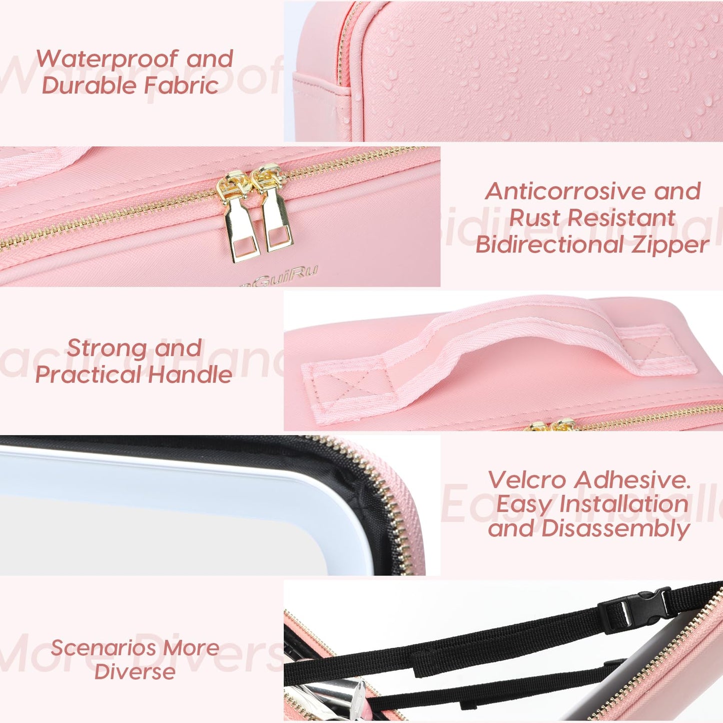 Gdsshuhung Makeup Bag with Mirror and Light, Cosmetic Travel Case with Mirror, Large Makeup Organizer with Mirror, Portable Makeup Case with Mirror for Women (Pink)
