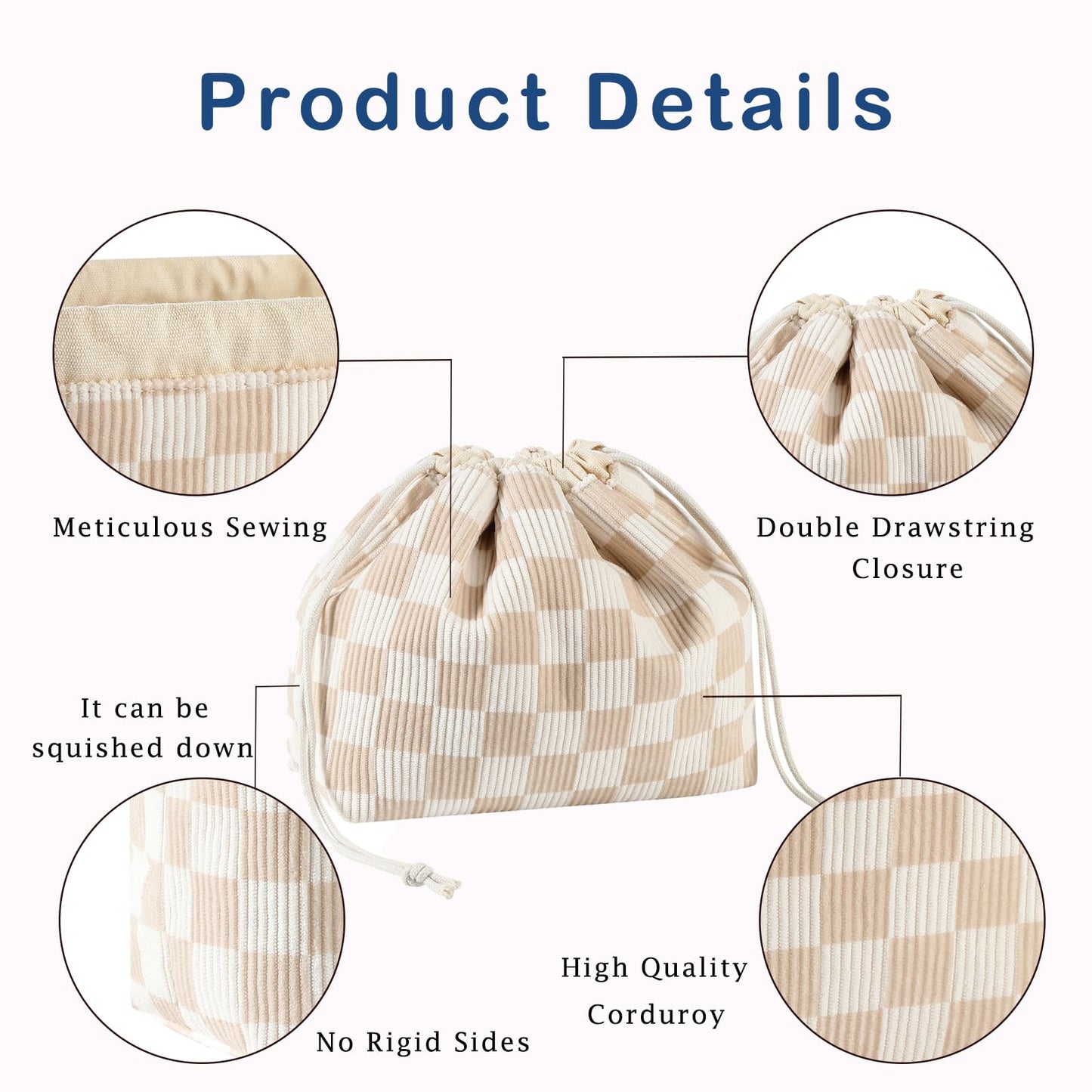 Cotton Quilted Drawstring Makeup Bag with Canvas Lining,Coquette Aesthetic Cute Travel Toiletry Bag,Drawstring Gift Bag for Women and Girls（19 Beige Checker）
