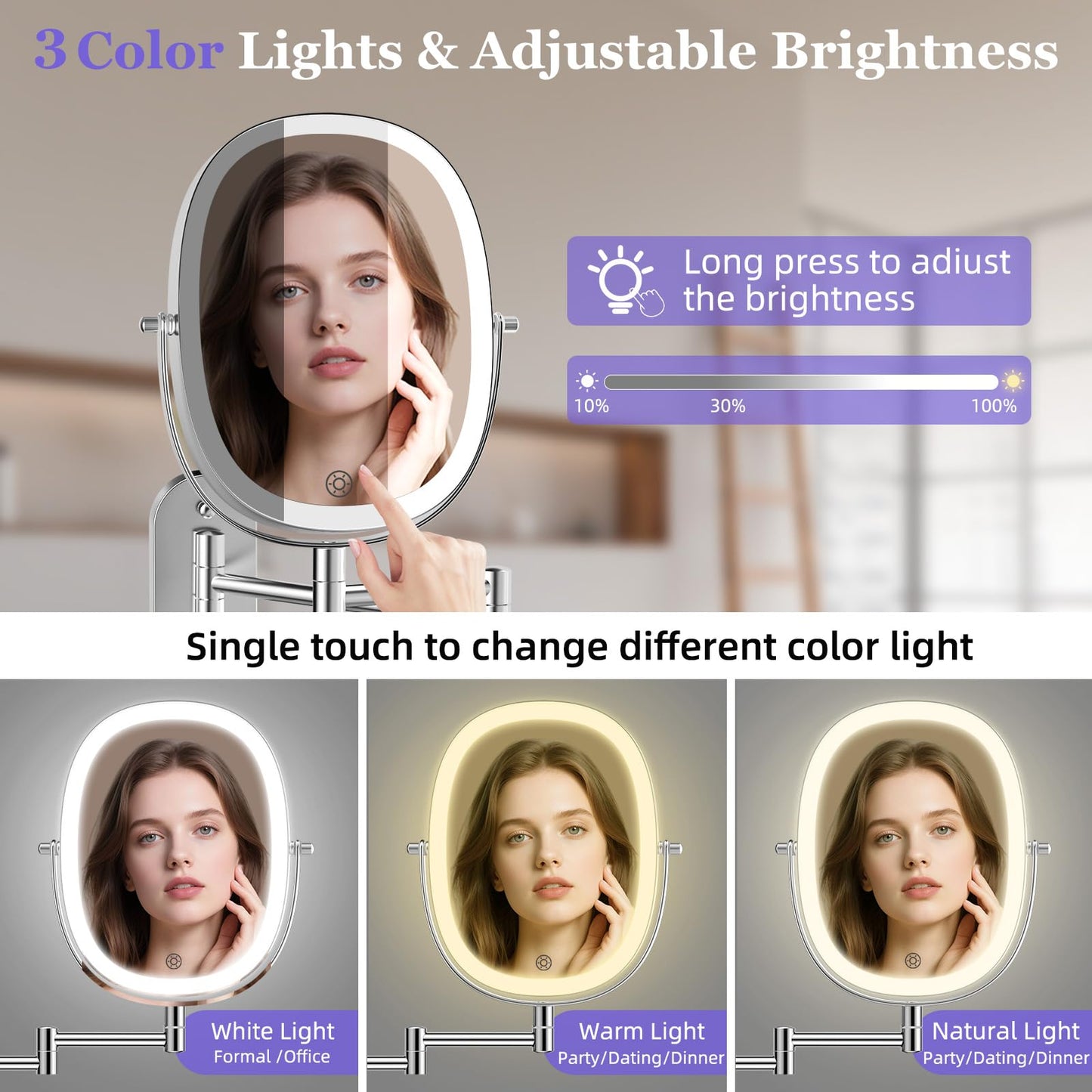 FUNTOUCH 30X/1X Wall Mounted Lighted Makeup Mirror,5000mAh Rechargeable Double Sided Magnifying Bathroom Lighted Mirror, 3 Color Modes Touch Dimmable Extended Arm 360 Rotation, Chrome