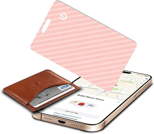 Wallet Tracker Card, Slim Rechargeable Bluetooth Item Locator, Smart Finder Compatible with Apple Find My for Wallet, Luggage, Passport, IP68 Waterproof (iOS Only) (Carbon Fiber Pink)