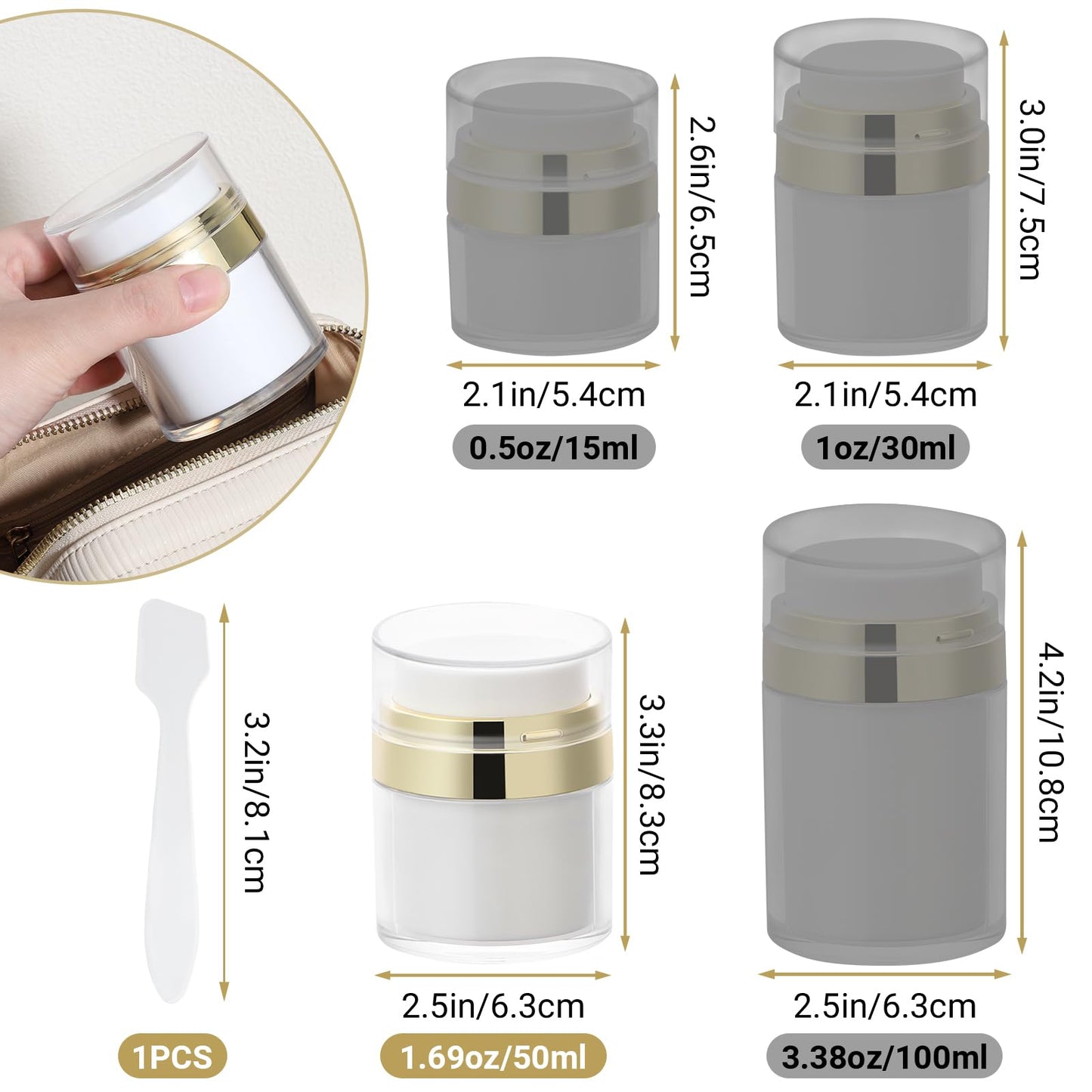 Segbeauty 50ml Airless Pump Bottles Travel, 1.7oz Airless Pump Jars Pack of 3 Gold Empty Makeup Containers Vacuum Bottle Dispenser, Refillable Jar Travel Bottles for Toiletries Moisturizer Container