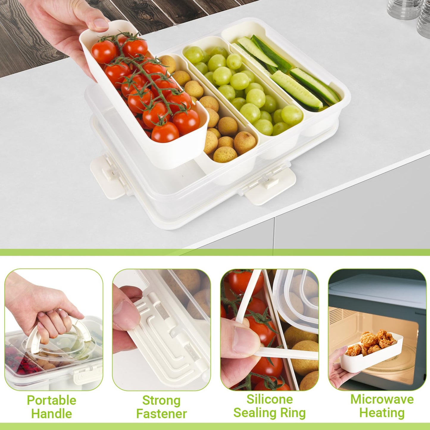 EMCHI Snackle Box Container,Divided Serving Tray with Lid,4 Compartment Travel Snack Container,Fruit Veggie Tray with Lid for Fridge Fresh Keeping,Multipurpose Storage Box for Picnic,Party,Travel