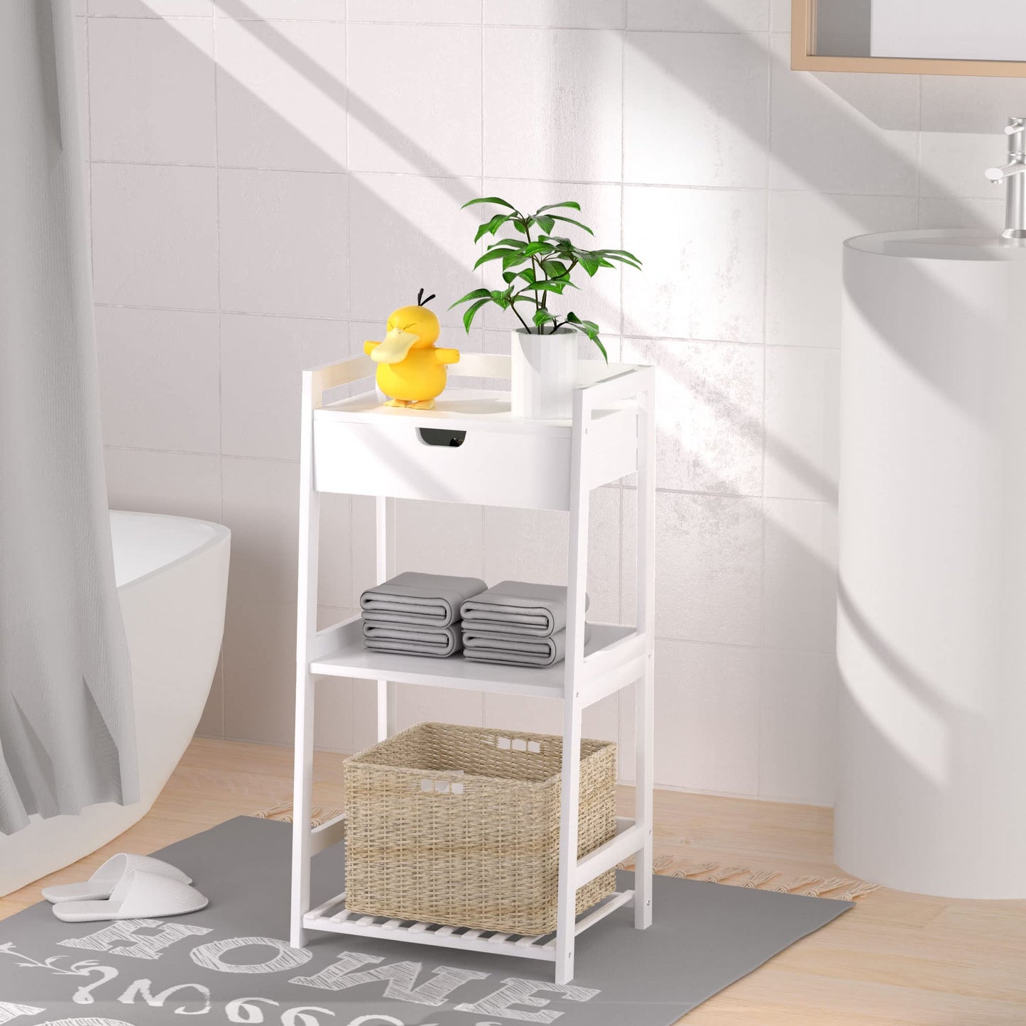 POXAKA 3 Tier Bamboo Bathroom Shelves with Drawer, Ladder Shelf for Bathroom Storage, Space-Saving Design, Stylish Display Nightstand, Stylish Storage Solution for Home, Living Room, Kitchen, Office