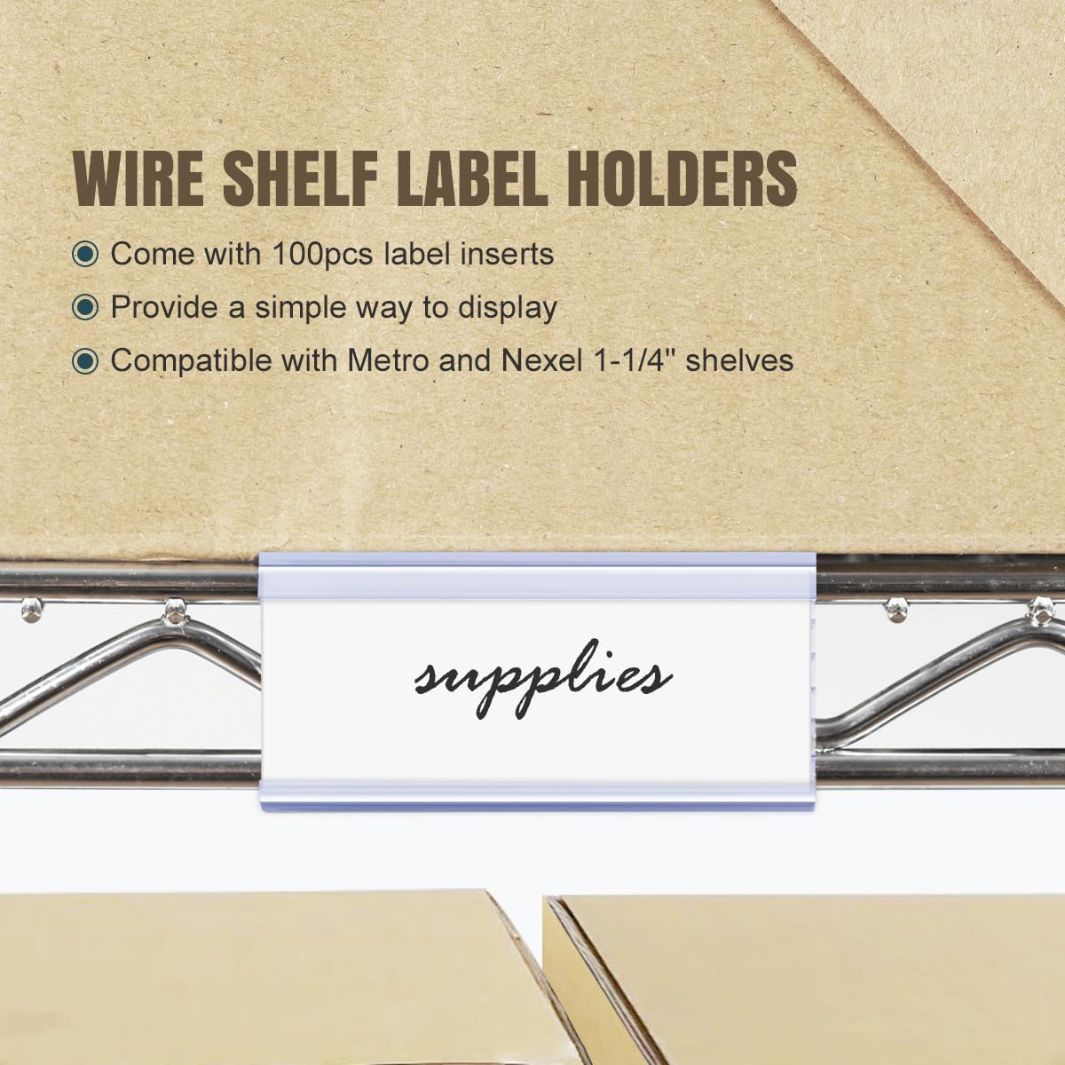 Lenink 100Pcs Wire Shelf Label Holders with 100Pcs Label Paper Inserts, Plastic Wire Rack Label Holder Compatible with Metro and Nexel 1-1/4in Shelves, Label Area 3in Lx1.25in H