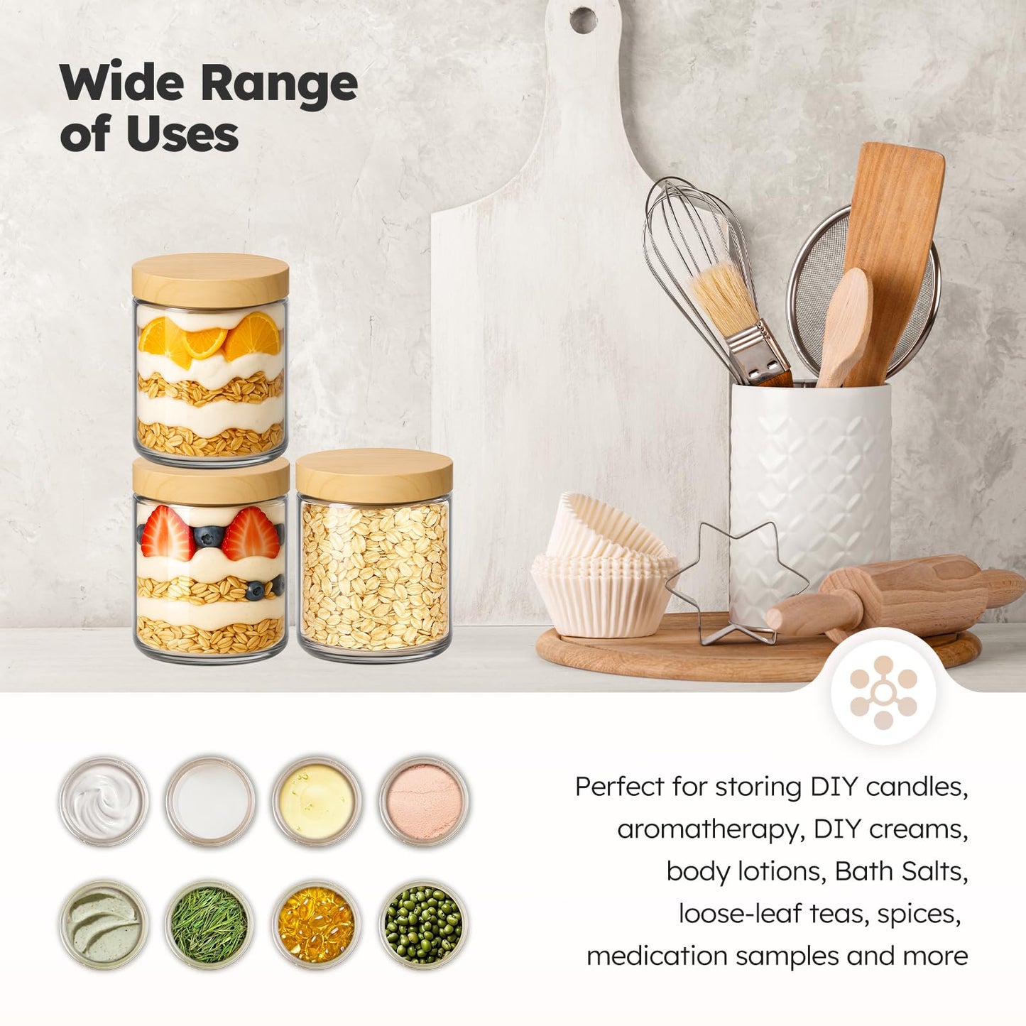 8 oz Glass Jars with Lids, 12 Pack Small Glass Jars with Plastic Woodgrain Lids, Lotion Container Empty Cosmetic Travel Containers for Sample, Cream, Lotion, Honey, Powder