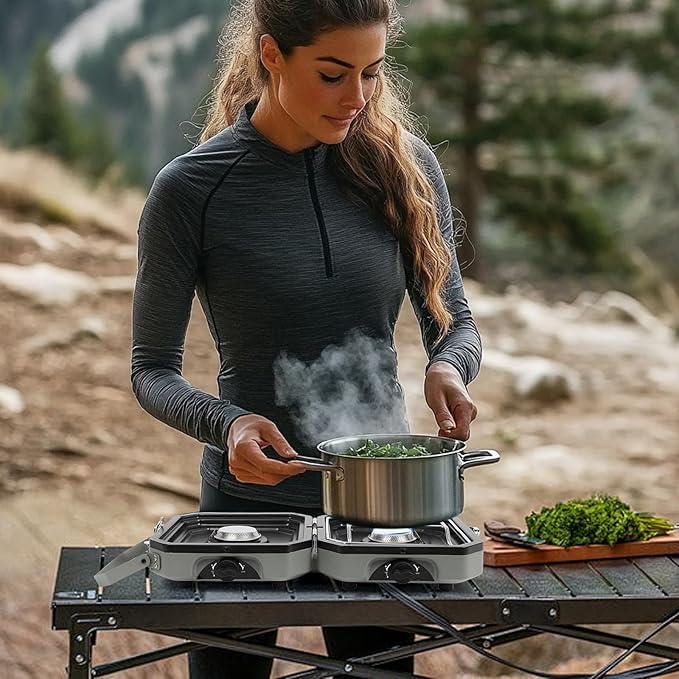 Dollate 2-Burner Propane Stove with Griddle and Carrying Bag, Portable Foldable Camping Stove with 2 Adjustable Burners 16000 BTUs,for Camping Tailgating Essentials Gear (Green)