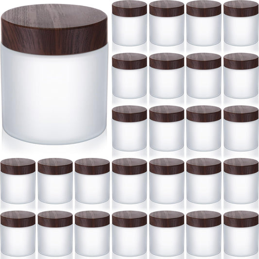 Geiserailie 30 Pcs 3.5oz Glass Jars with Plastic Wood Grain Lids Leakproof Airtight Empty Cosmetic Jars Sample Containers for Storing Lotions Powder Ointments Candle Making(Dark Brown)