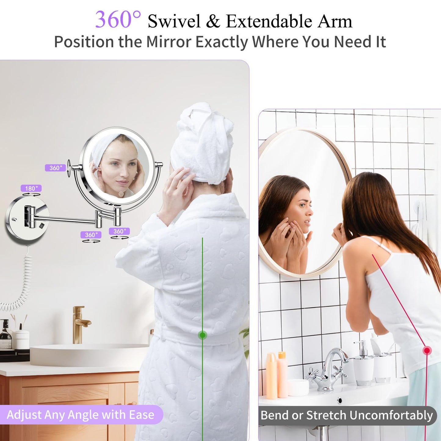 Wall Mounted Makeup Mirror with Lights, 30X/1X Double-Sided Magnifying, Plug-in Lighted Vanity Mirror with 3 Color Modes, Dimmable Brightness, 360° Swivel Extendable Arm for Bathroom & Grooming