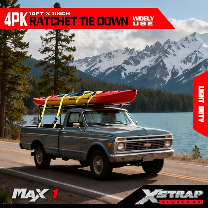 XSTRAP STANDARD Ratchet Tie Down Straps 4 Pk 10 Ft- 300 Lbs Load Cap- 900 Lbs Break Strength-Cargo Straps for UTV, ATV, Pickup,Truck, Moving Appliances, Lawn Equipment, Yellow
