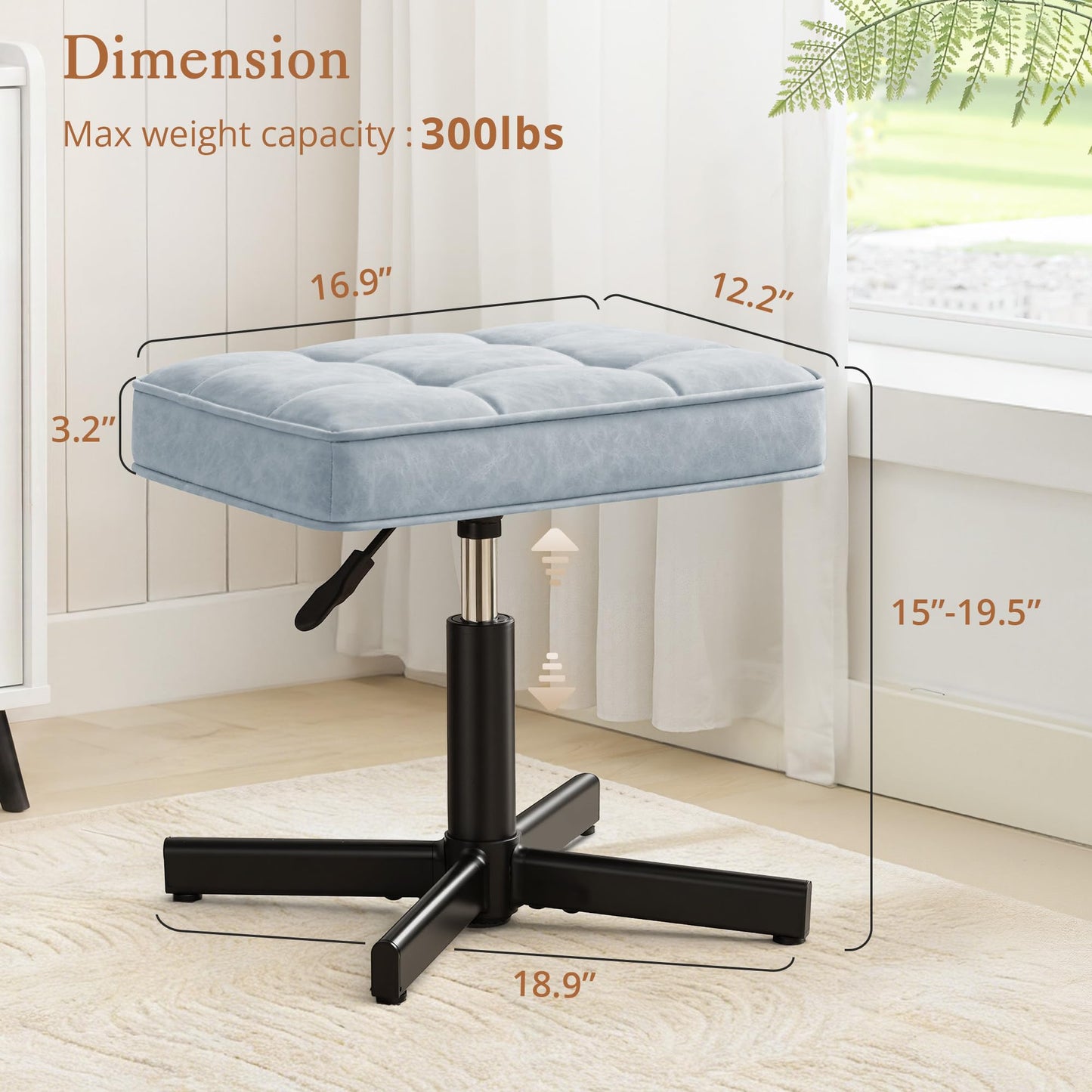 LUE BONA Adjustable Vanity Stool, 15''-19.5'' Foot Rest Under Desk, 360° Swivel Vanity Chair for Makeup Room, Blue Upholstered Faux Leather Ottoman for Bathroom & Living Room, 300lbs
