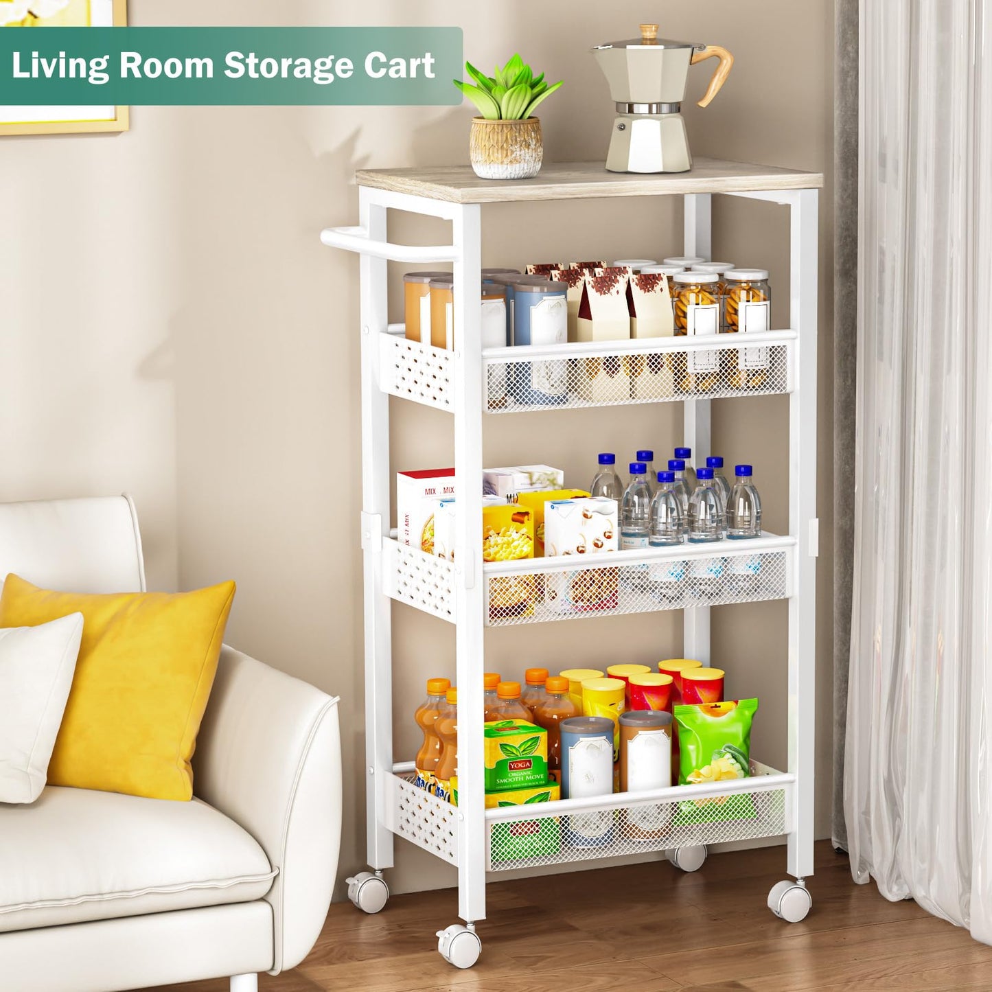 Vivihomety Utility Slim Storage Cart with Wheels, 4 Tier Small Rolling Cart with Wood Top, Metal Kitchen Bathroom Laundry Room Organization Trolley with Handle for Narrow Space - White