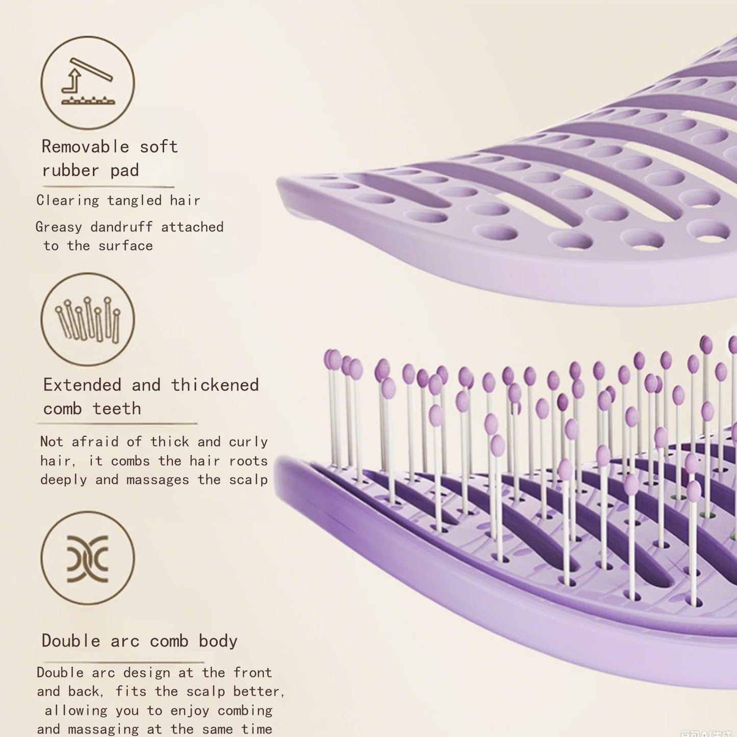 Self Cleaning Hair Brush with Lift Pad, ABS Vent Brush for Blow Drying, Dual Curve Design with Extra Long & Thick Bristles, Wet Hair Brush for Women, Girls & Kids (Purple, Not foldable)