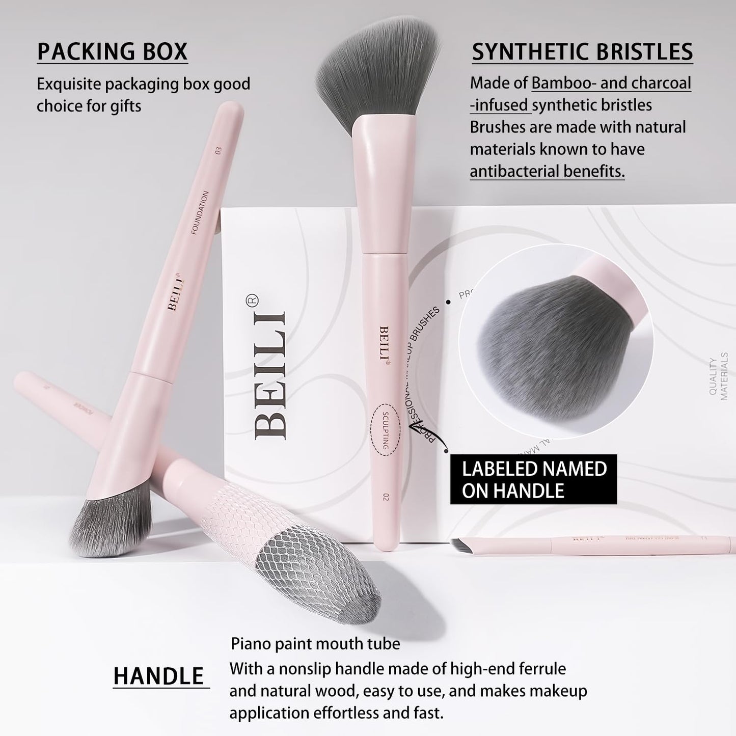 BEILI 12 Pcs Pink Professional Makeup Brush Set, Dense Synthetic Brushes for Foundation, Powder, Contour & Eye Blending, Complete Full Face Cosmetic Brush Kit with Elegant Storage