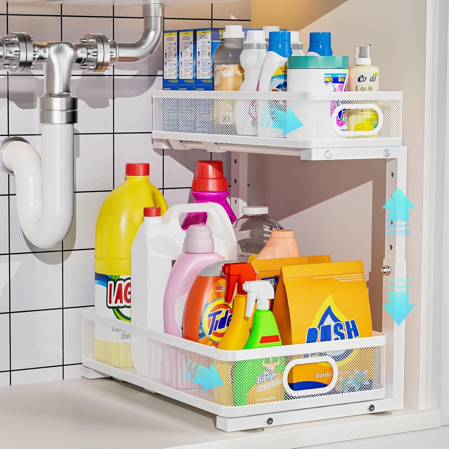 Dolesman Under Sink Organizer, High Adjustable 2 Tier Under Sink Organizers and Storage, Slide out Metal Cabinet Organizers, Pull out Storage Drawer Shelf for Kitchen Bathroom Cabinet (1, White)