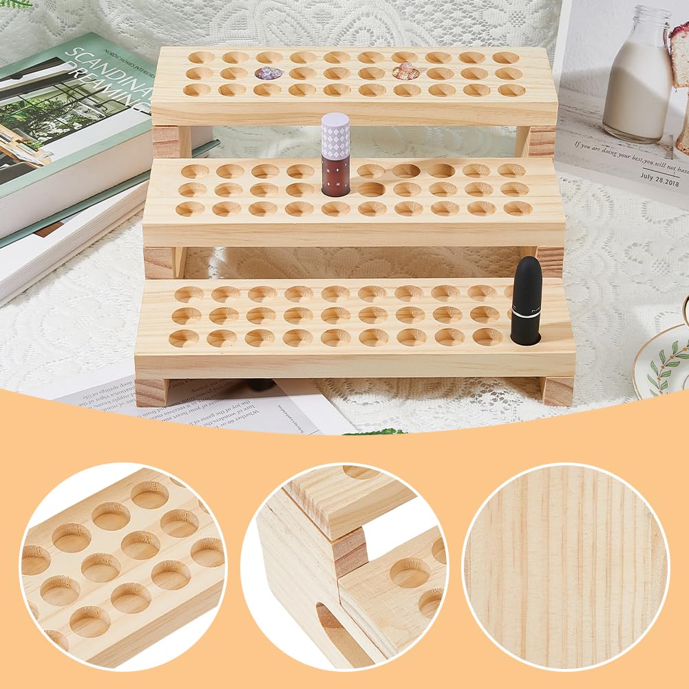 SUPERFINDINGS 1 Set 90 Slots Wooden Lipsticks Holder 3 Tier Tube Display Shelf Wood Tool Rack Wooden Essential Oil Display Storage Organizer for Cosmetic Lip Gloss Tool, Slot IDxT: 0.8"x0.4"