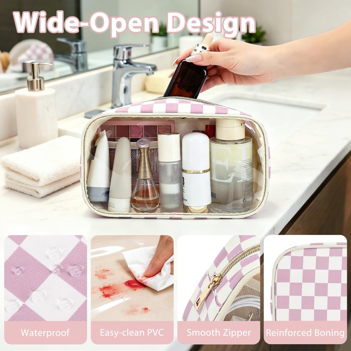 Fammart Clear Travel Makeup Bag for Women, TSA Approved Checkered Cosmetic Bag Make Up Car Organizer Case with Zipper, Large Waterproof Pouch Purse Toiletry Bag for Skincare, Brushes Travel Essentials