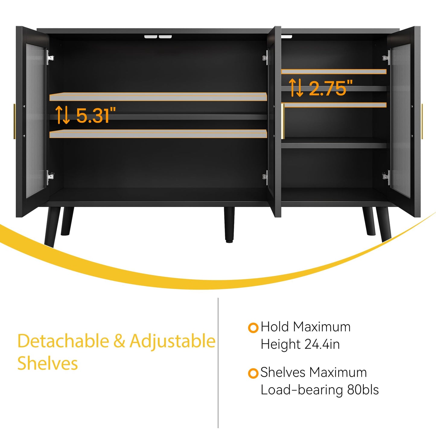 Reljofum Buffet Cabinet with Storage, 48" Large Sideboard Cabinet with 3 Fluted Glass Doors, Black Cabinet for Kitchen, Dinning Room, Hallway, Living Room