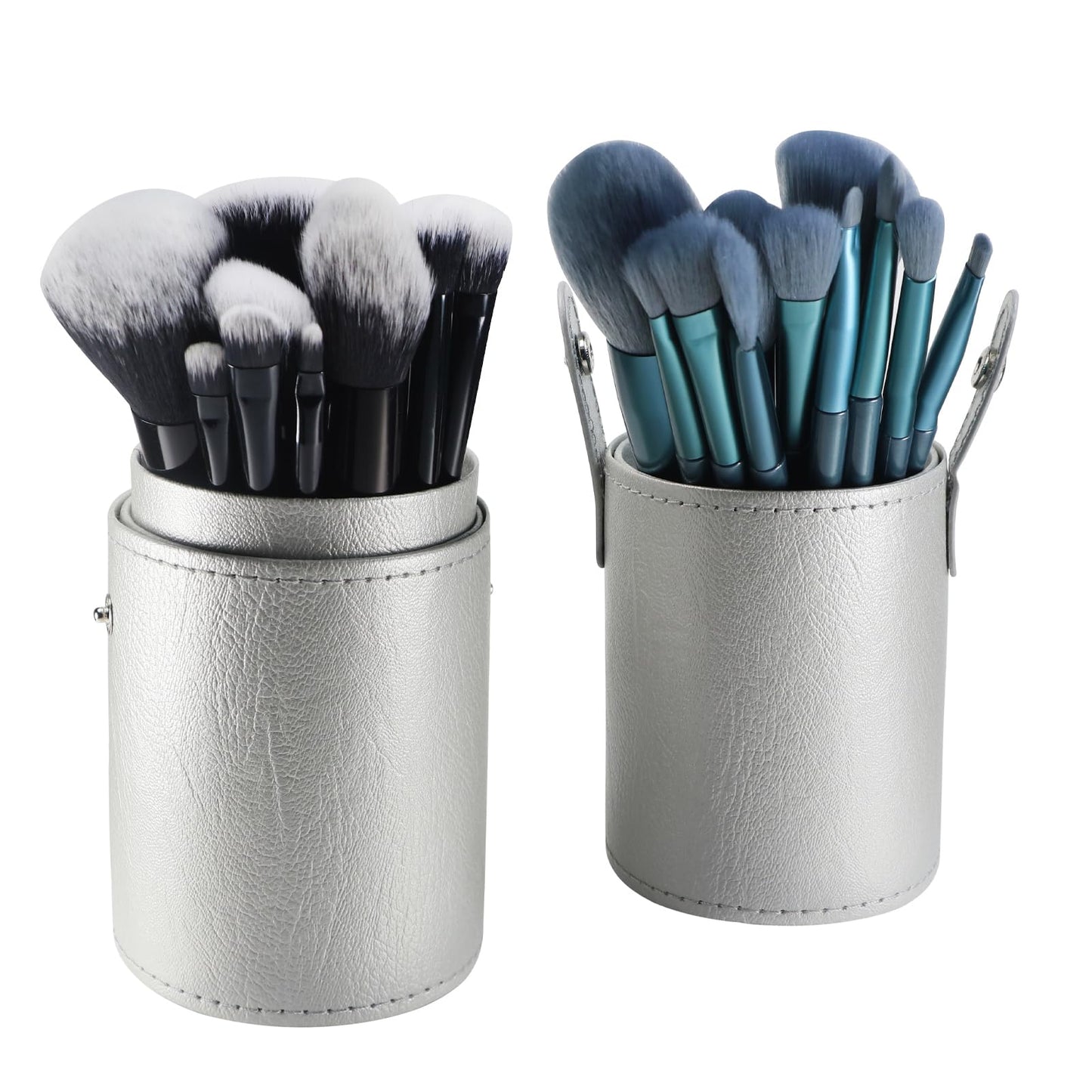 Kososuru Portable Makeup Brush Case,Pu Leather Makeup Brush Holder with Button,Travel Cup Storage Dustproof Makeup Cosmetic Bags for Women (Silver)