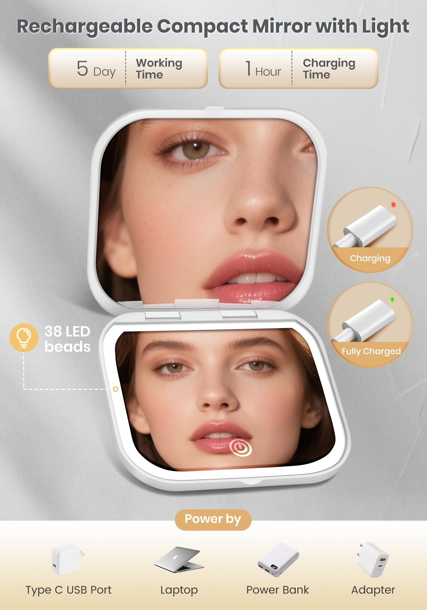 SisKokoro Magnifying Mirror with Light, Rechargeable 40X Compact Mirror with 3 Lighting Modes & Dimmable Brightness, Portable Travel Makeup Mirror with Light, Essentials for Travel, Pocket Purse White