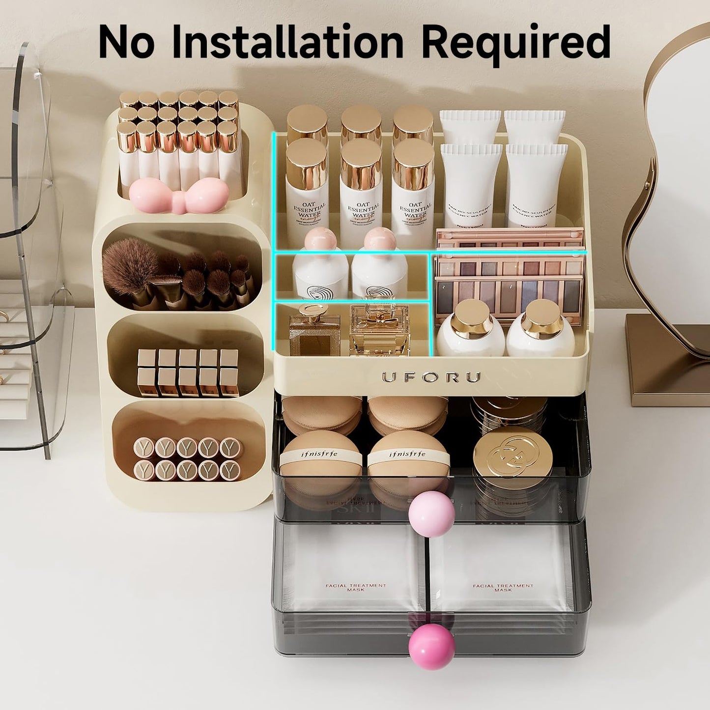 UFORU Makeup Organizer for Vanity with Brush Holder, Large Capacity Bathroom Countertop Skincare Organizer with 2 Drawers, Cosmetic Display Case for Perfumes, Eyeshadow Palettes, Nail Polishes