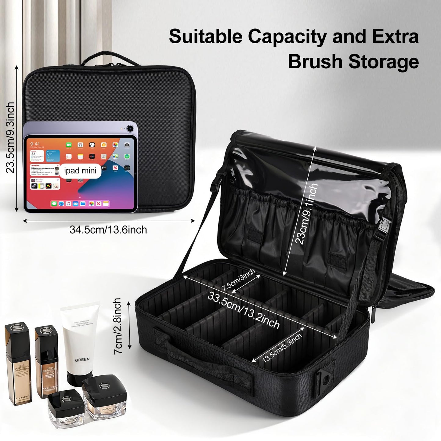 Greenfeather Travel Makeup Bag, Professional Cosmetic Train Case Organizer, Portable Travel Cosmetic Brush Bag Holder Makeup Artist Storage Box with Adjustable Dividers and Shoulder Strap, Black