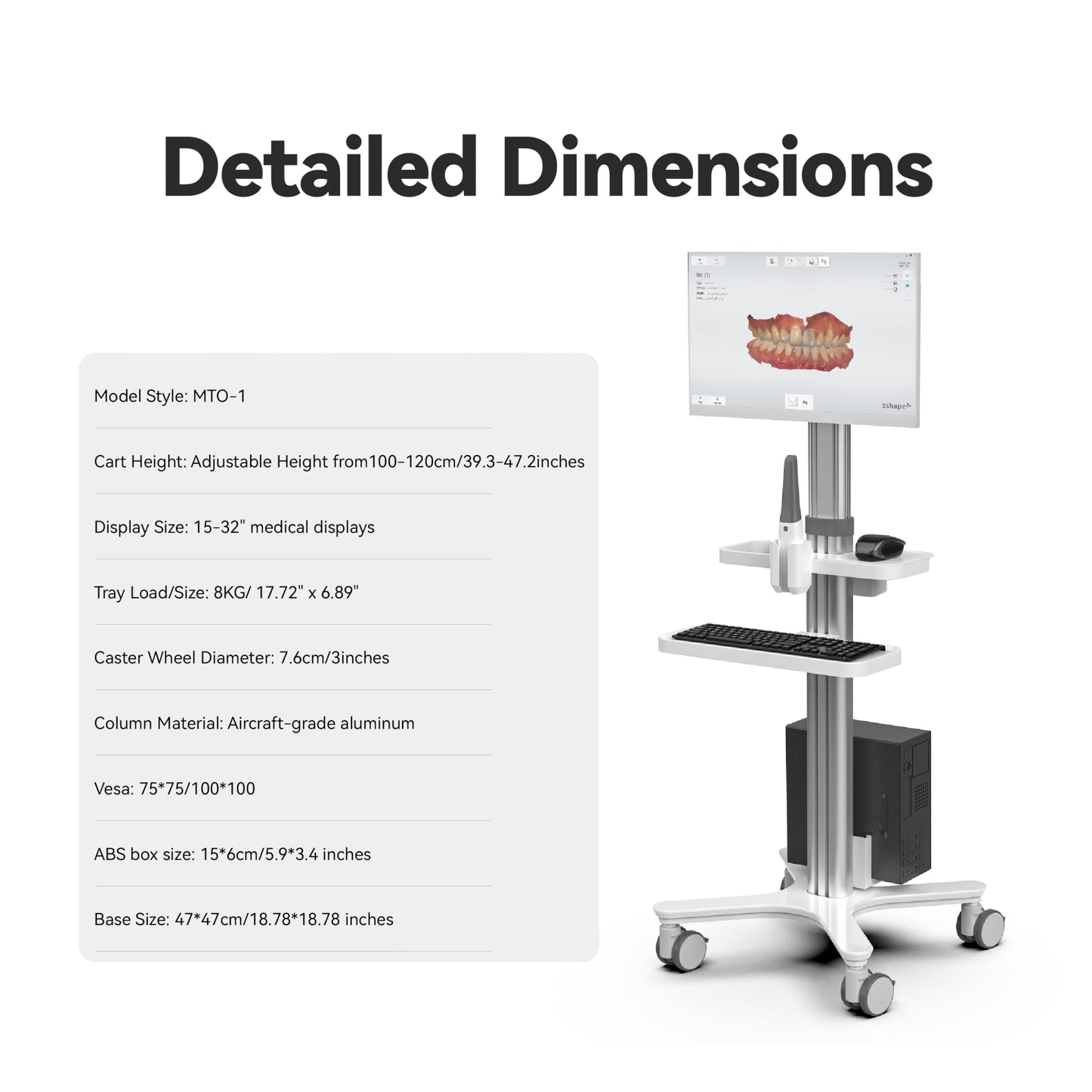 Medical Cart Mobile Workstation with Oral Scanner Holder, Height Adjustable, Rolling Stand with Monitor Mount, Medical Trolley for Hospital Clinic lab Beauty Salon