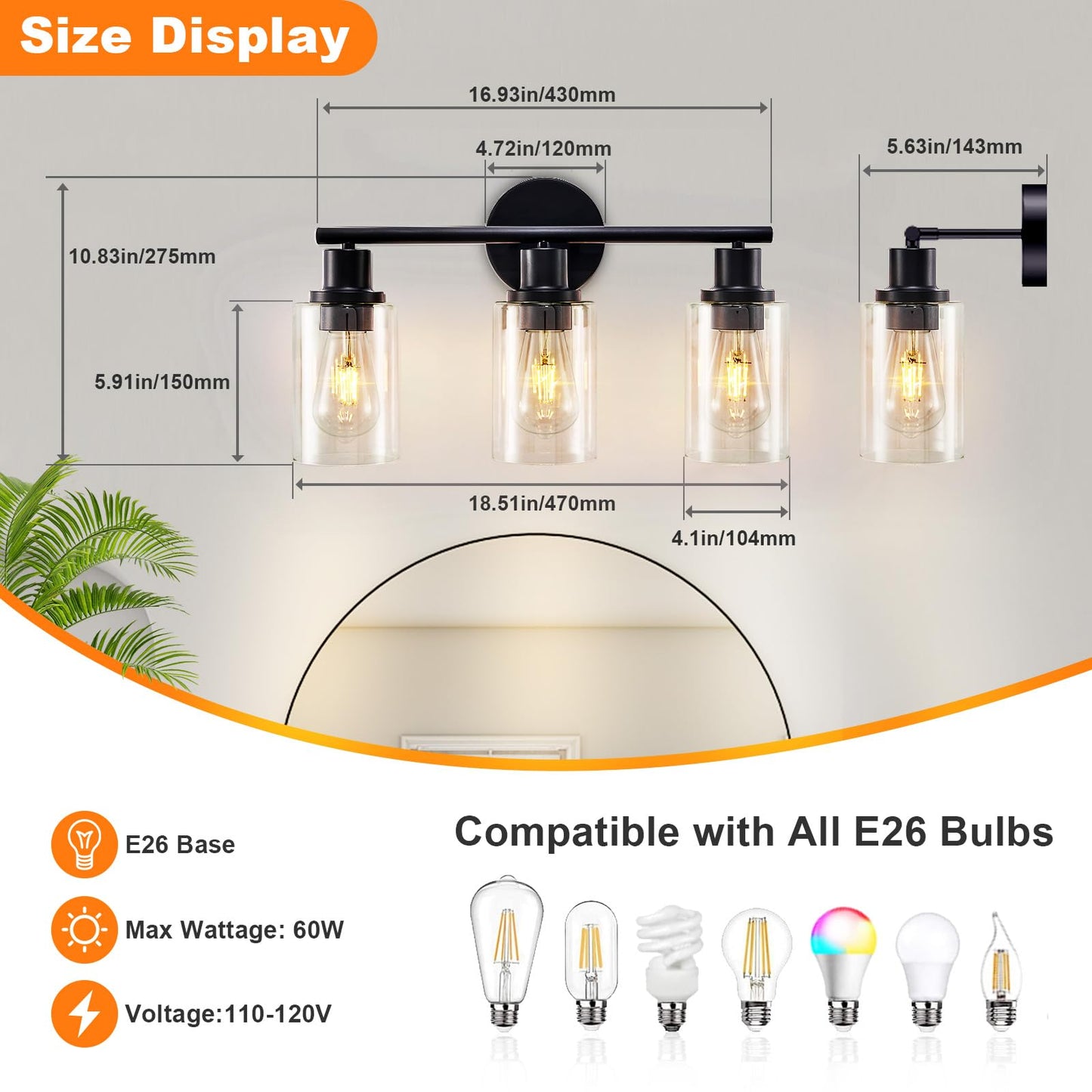 DLLT 3-Light Bathroom Light Fixtures: 18.51" Black Modern Vanity Lights with Clear Glass Shade - Bathroom Wall Lamp for Mirror Kitchen Living Room Hallway Cabinet Porch