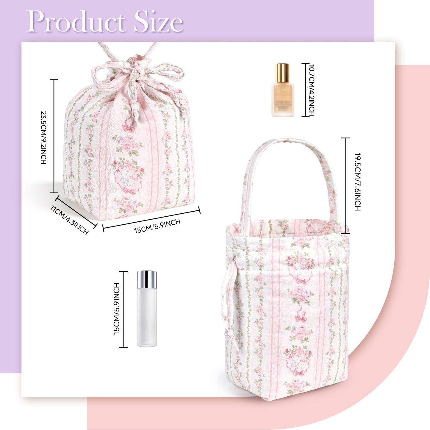 Playexen Drawstring Makeup Bag, Coquette Small Cosmetic Bag for Purse, Portable Cute Travel Makeup Pouch for Women Daily Use/Birthday/Party/Christmas (Pink Bunny)