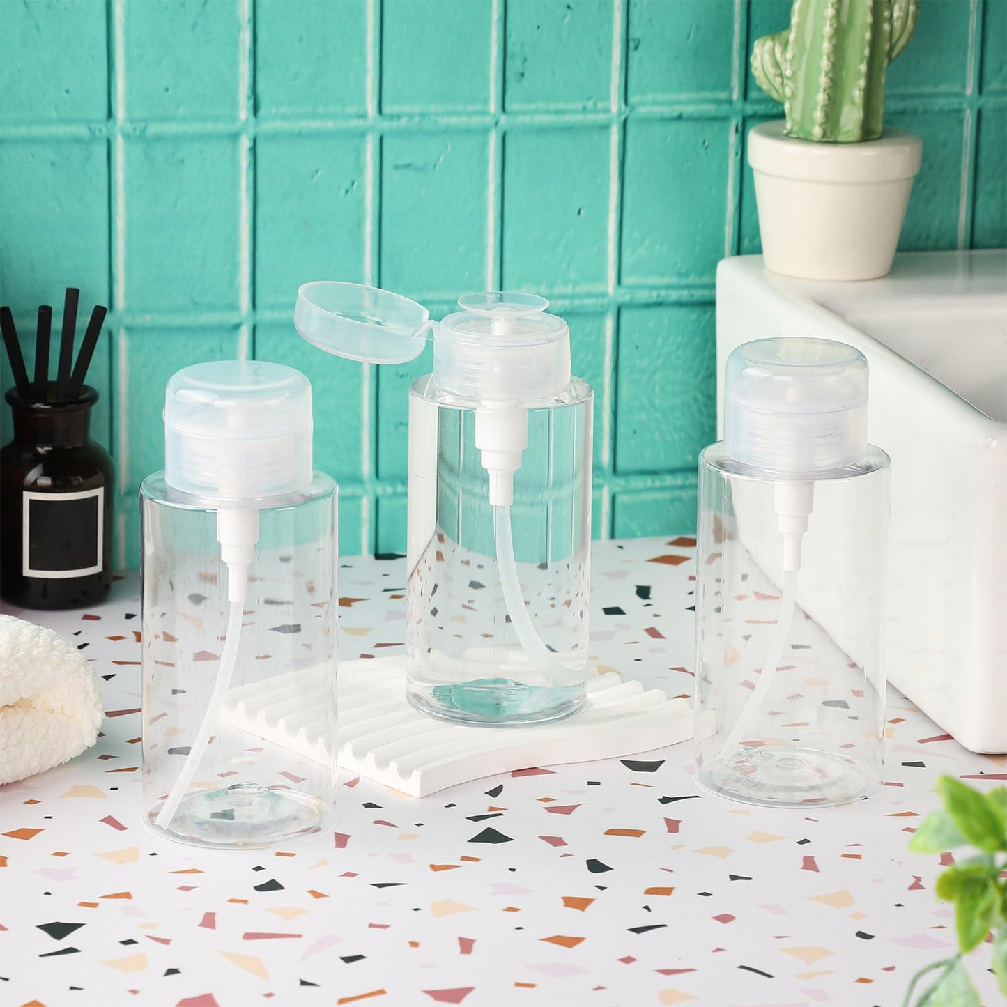 RAMFIYN 10oz Acetone Pump Dispenser 6 Pack Plastic Alcohol Push Down Dispenser with Labels Refillable Alcohol Pump Dispenser Bottle Empty Nail Polish Remover Bottle