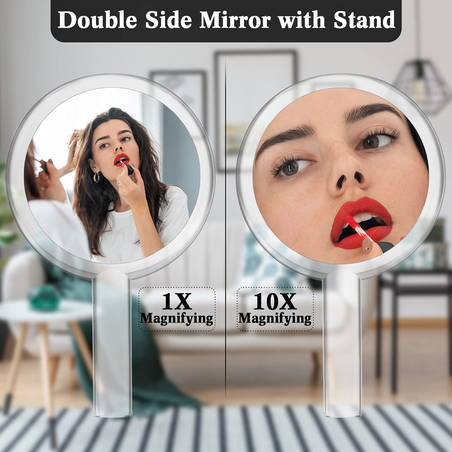 Queekay Double-Sided Handheld Mirror with Stand, 1X/10X Magnifying Mirror, Clear Adjustable, Round Shape, 25.8 x 15 cm