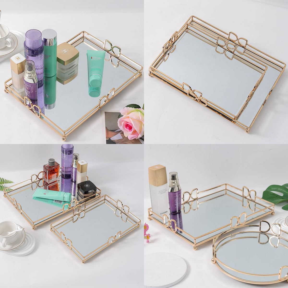 HAIGOUER Large Gold Mirrored Tray for Makeup Vanity, 14x10 Entire Length Perfume Organizer for Dresser Top, Elegant Decorative Countertop Storage