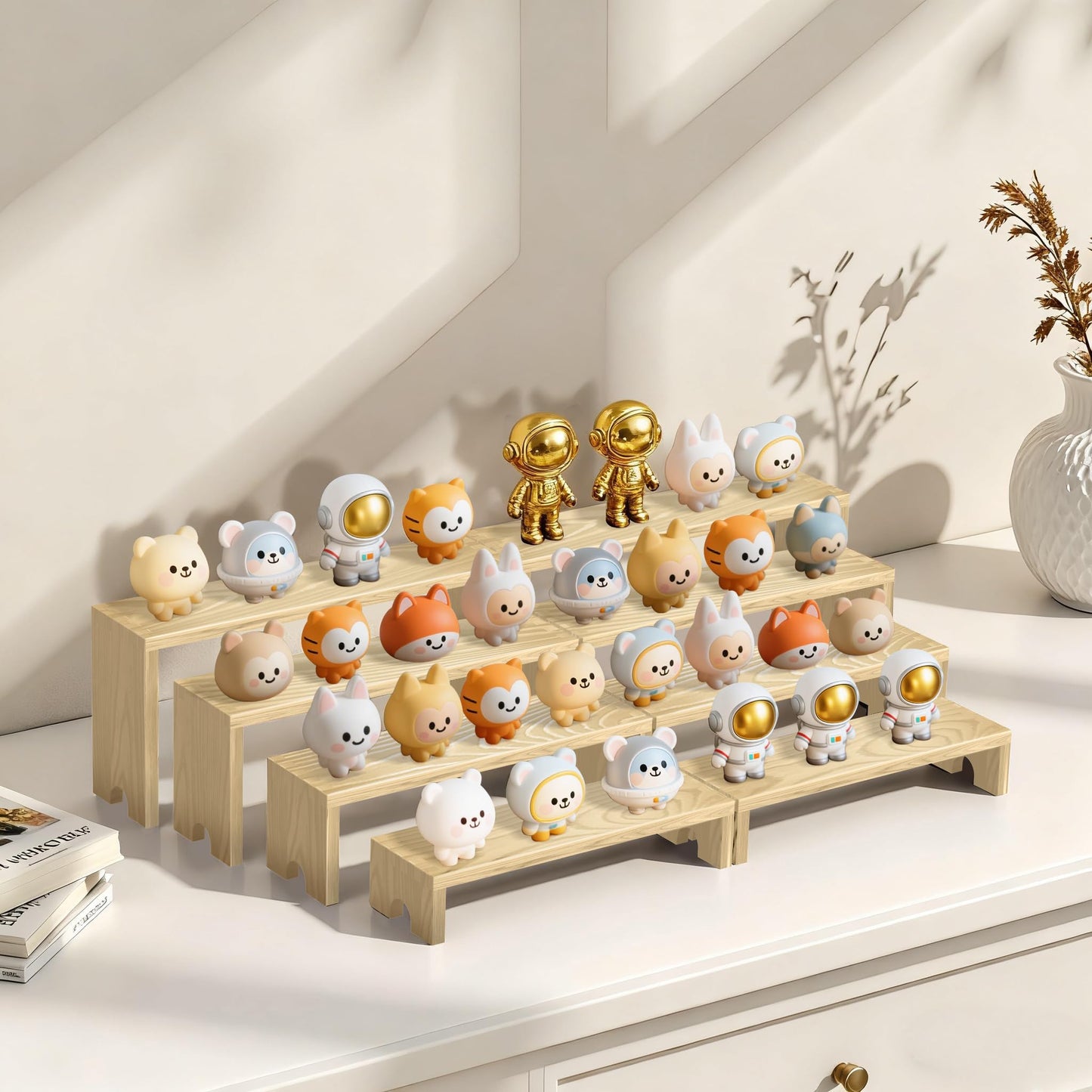 Large 4 Set wood tone Wooden Tiered Display Stands 4 Tier Stackable Pine Wood Display Risers, Suitable for Vendor Events, Cupcake Stands, cake stand Wooden Dessert Table Sets, Vendor Booth Displays,Cosmetic & Perfume Display Tools, Kitchen Spice Storage,