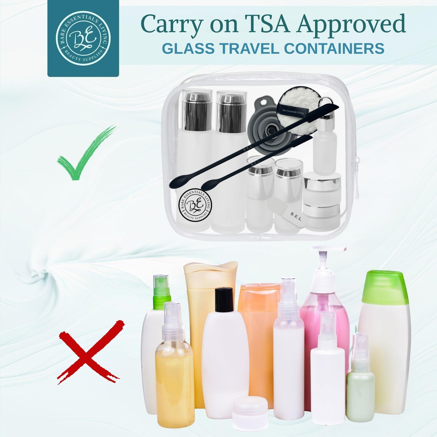 14 Pcs Glass Travel Skincare Containers Set-TSA Approved Toiletry Bag & Glass Travel Bottles for Toiletries Pump, Spray & Dropper Bottles Travel Size for Foundation, Serum Moisturizer Oil & Cream