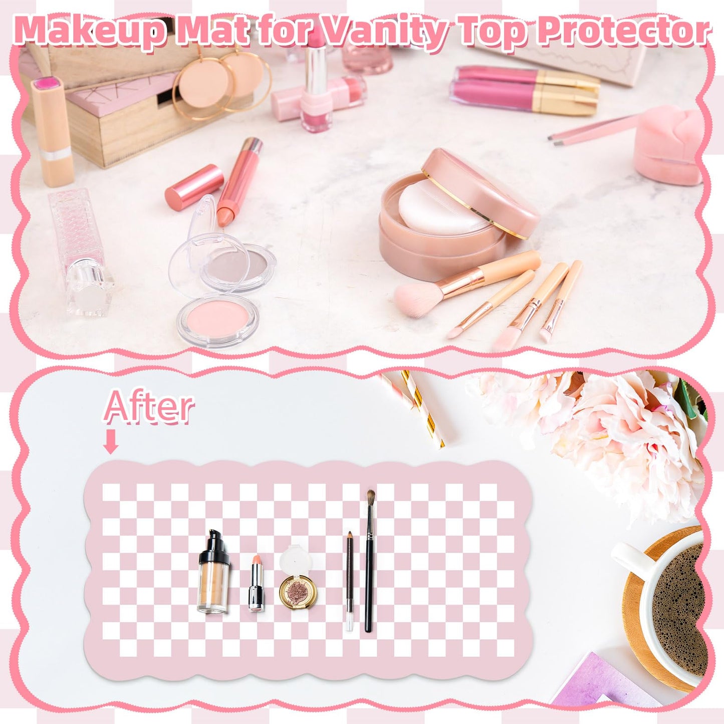 Nuanchu Pink Checkered Make up Mat, Pastel Vanity Makeup Pad Dual Sided Make up Mat for Vanity Easy to Clean Makeup Pad Waterproof and Oilproof(Scalloped)