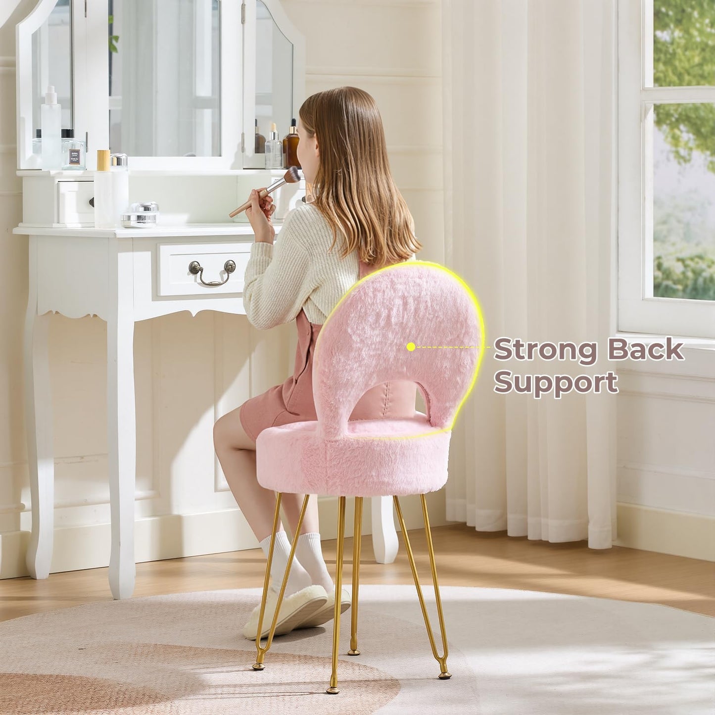 RUCUKEN Faux Fur Pink Small Vanity Chair & Stool - 13" Dx13 W Folding Back Storage Ottoman, Anti-Slip Golden V-Leg for Bedroom Makeup Room