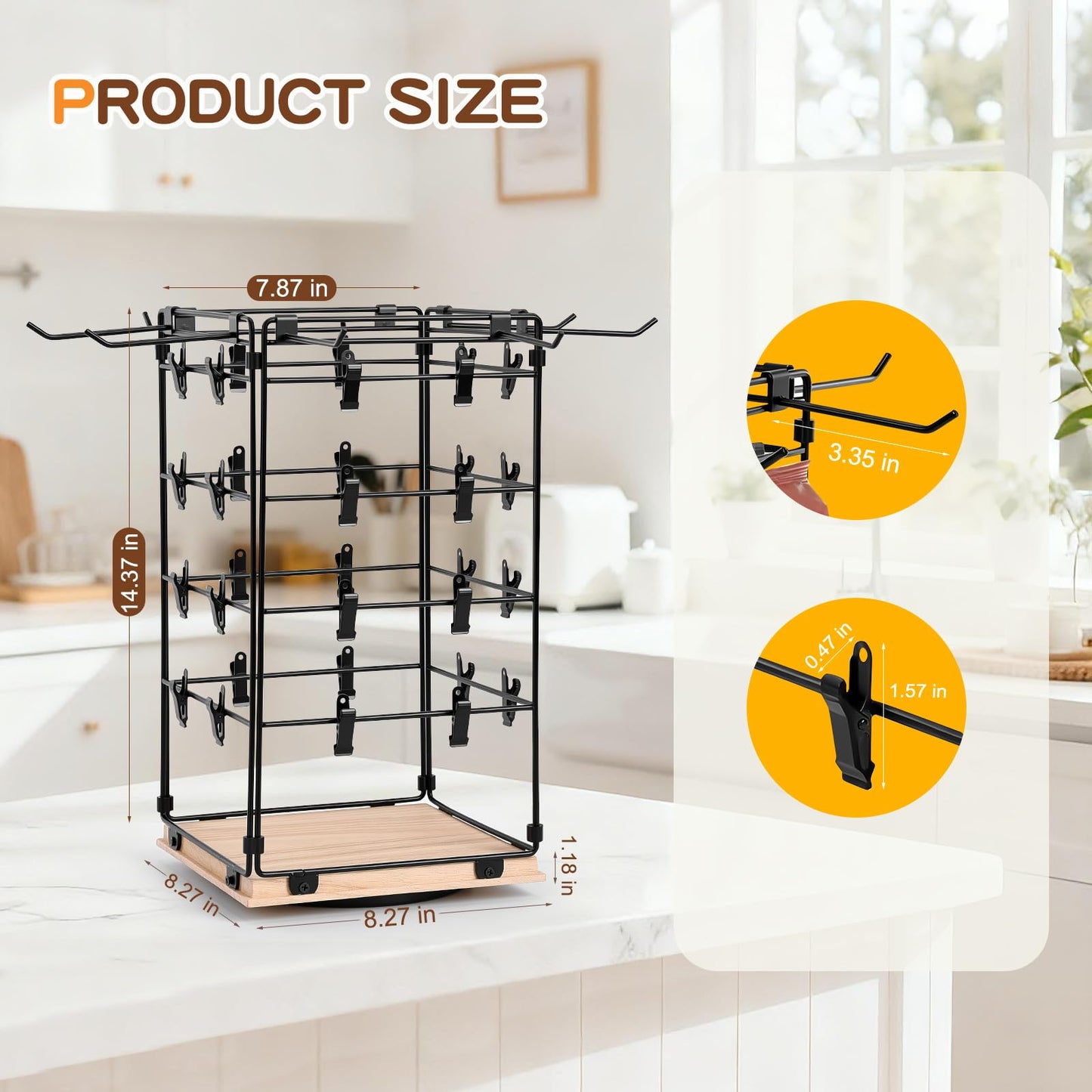 Koocoot 4-Tier 360 Rotating Chip Rack Display Stand with 32 Clips & 8 Hooks, Metal Countertop Snack & Candy Display Rack Organizer for Store, Party, Retail