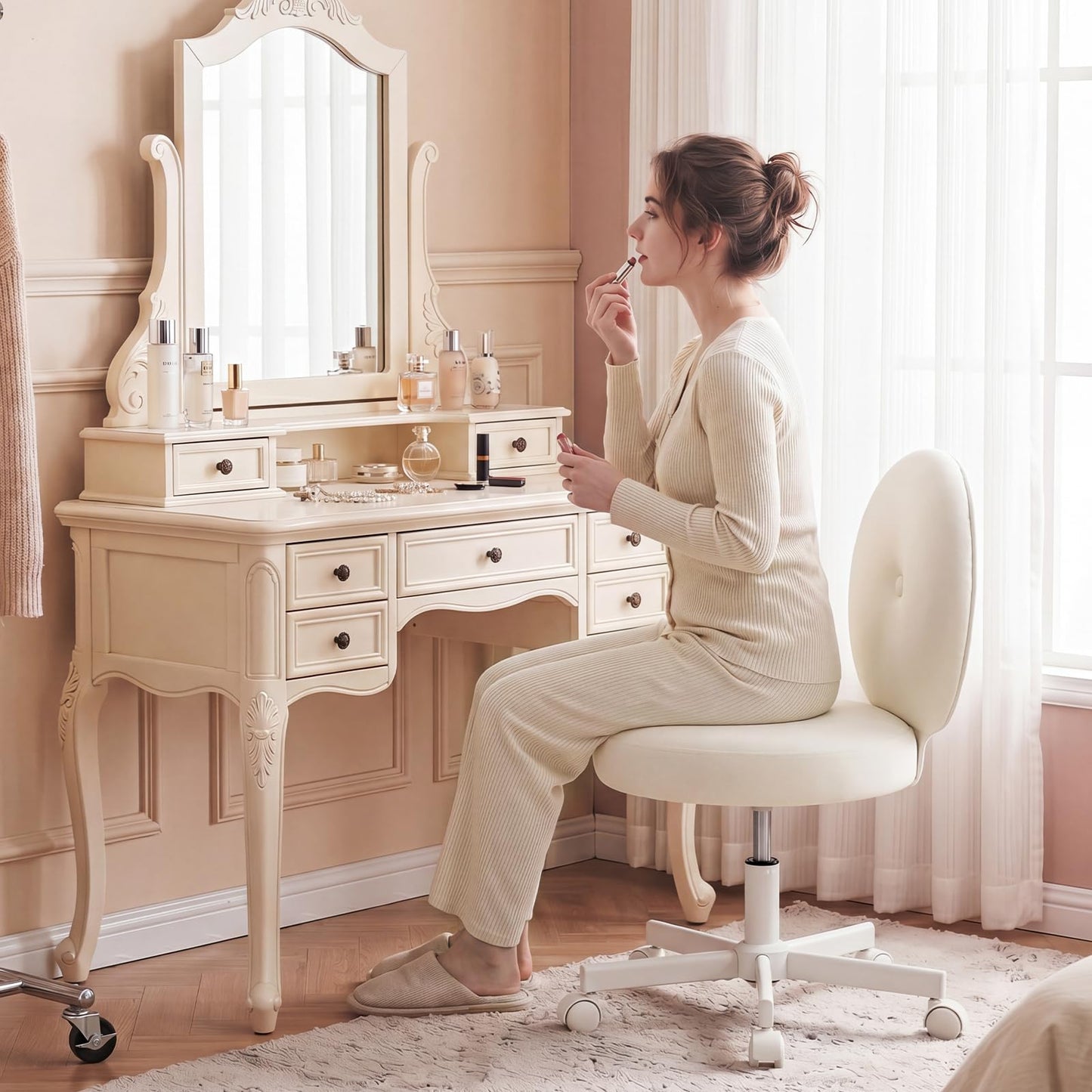 Furniliving Round Velvet Vanity Chair with Wheels, 360° Swivel Armless Desk Chair, Adjustable Height Rolling Makeup Chair for Bedroom Study Room, White