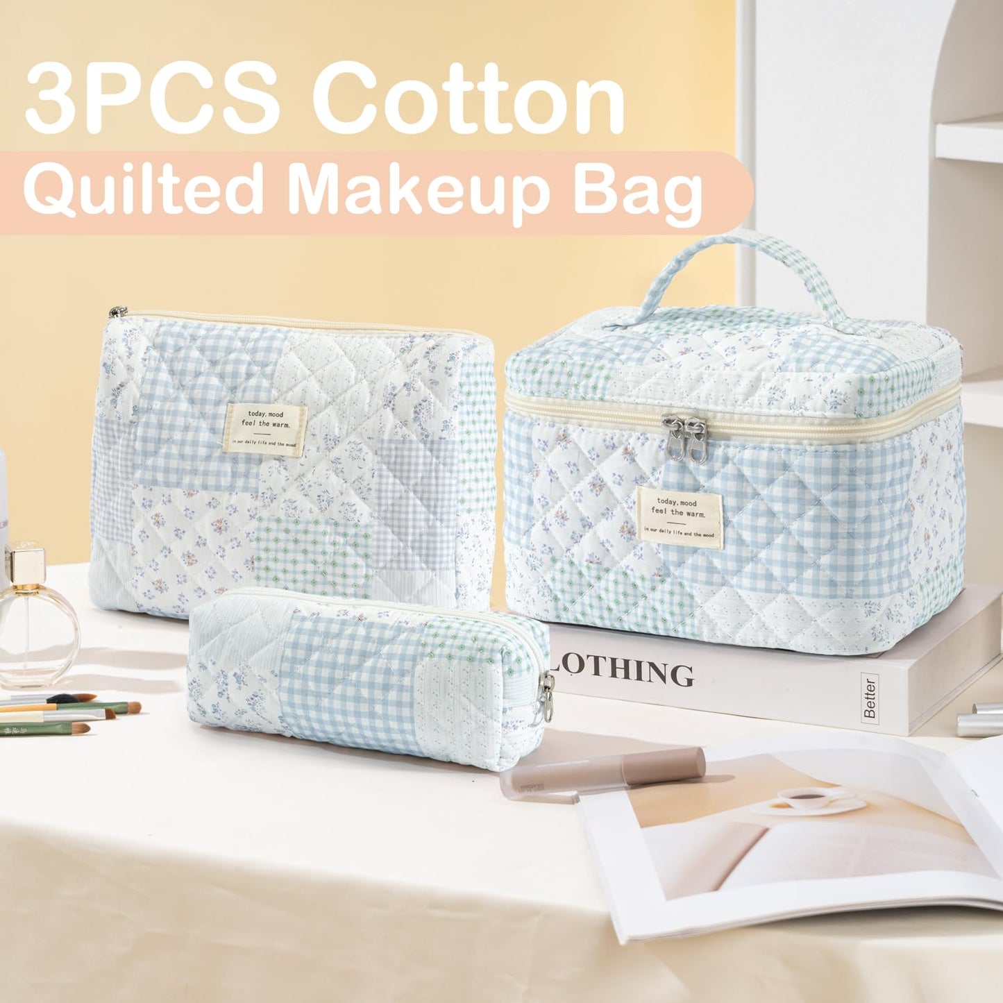 UUYUUY Makeup Bag for Women 3PCS Quilted Cotton Make Up Bag Travel Cosmetic Bag Large Makeup Bag Set Cute Makeups Organizer Floral Toiletry Pouch for Purse, Shabby Chic Blue
