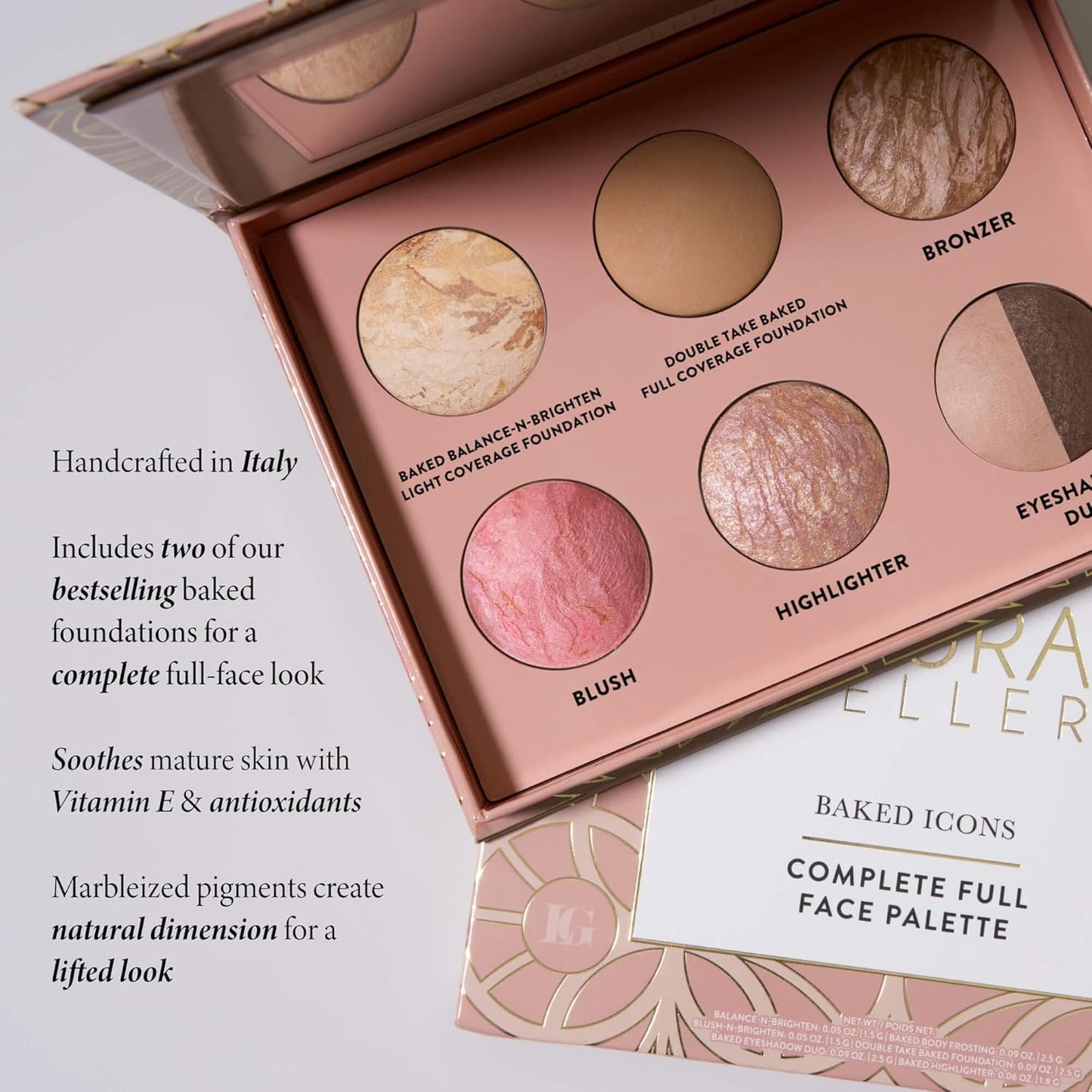 LAURA GELLER Baked Icons Complete Full Face Palette, Porcelain | All-in-One Makeup Palette with Baked Foundations, Blush, Bronzer, Highlighter, Eyeshadows | Coverage for Mature Skin | Travel-Friendly