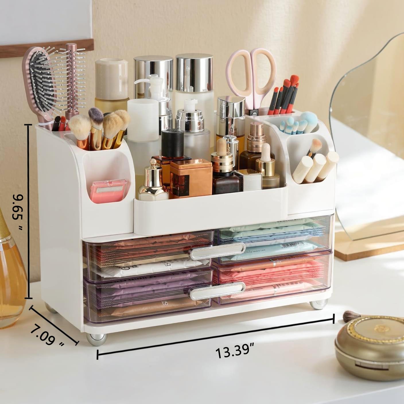 Dozesheep Large Makeup Organizer Countertop with Drawers, Make Up Organizer for Vanity, Makeup Storage Organizer Countertop Makeup Organizers for Skincare, White