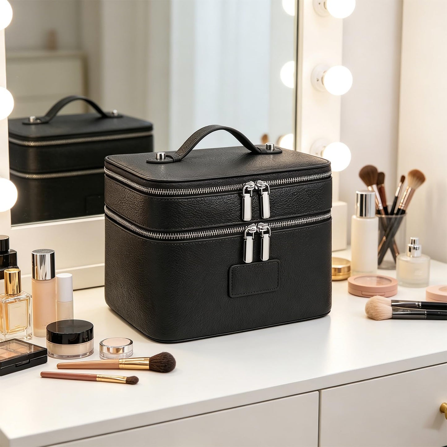 idoltimes Makeup Case,Leather Double Layer Makeup Bag Duo,Large Portable Travel Toiletry Case Cosmetic Organizer for Women